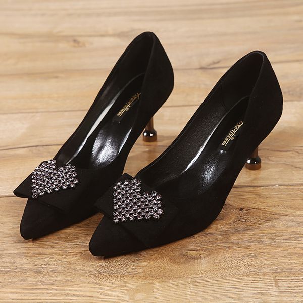 

women pumps high heels lady suede leather autumn rhinestone love decoration pointed single shoes wedding female sandals u18-84, Black