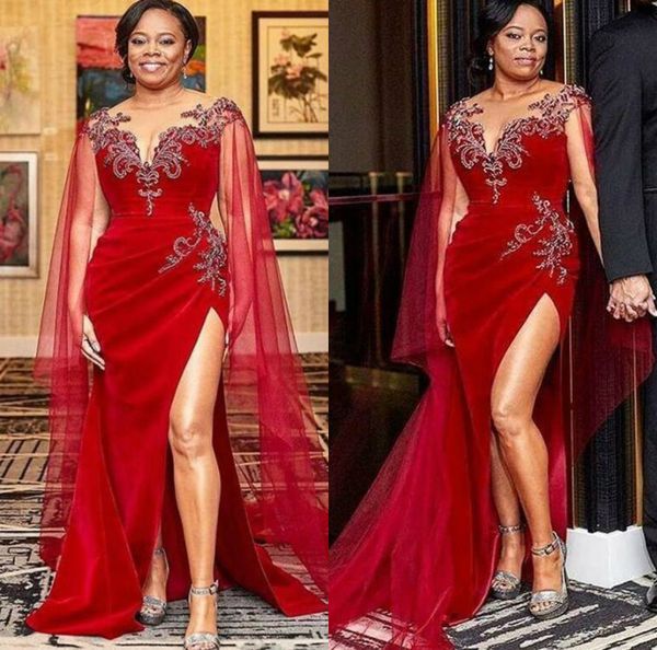 

elegant red mother of the bride dresses v neck long sleeve side split mermaid mother's gowns plus size appliques guest formal wedding d, Black;red