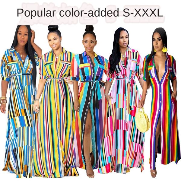 

womens designer ts836 casual color strip print long shirt skirt two colors2rx2, Black;gray