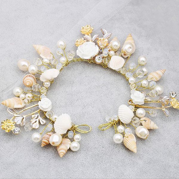 

handmade rhinestone headpieces headdress charm bohemian wedding hair accessories bridal shell crown pearl prom tiaras for bride, Golden;white