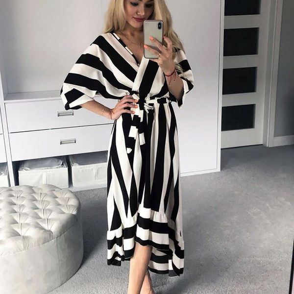 

women summer dress casual v-neck striped asymmetrical high waist party dresses with sashes summer dress 2019 vestidos de verano, Black;gray