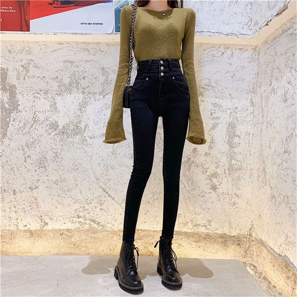 

women's jeans real shooting 2021 fashion korean high waist skinny slim autumn and winter wild small pencil pants, Blue