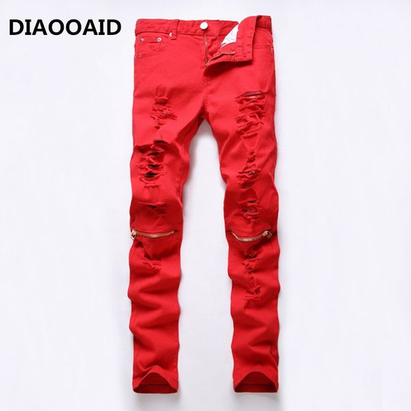 

2017 high street fashion ale knee zipper men's jeans destroyed ragged hole male club denim fabric stretch trousers 4 colors, Blue
