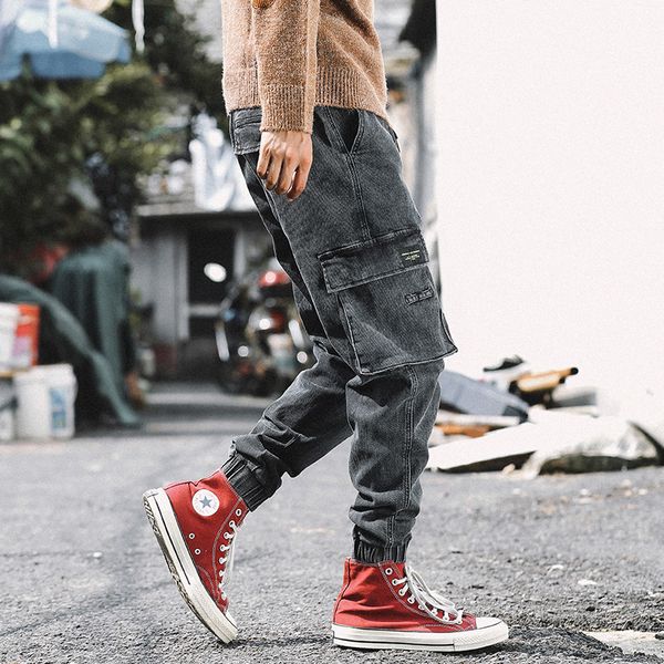 

korean style fashion men jeans loose fit black gray big pocket cargo pants harem trousers streetwear hip hop joggers jeans men, Blue