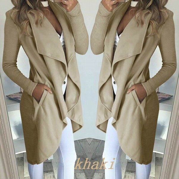 

womens long sleeve turn-down collar long waterfall trench coat jacket ladies cardigan overcoat jumper plus size autumn winter, Black;white