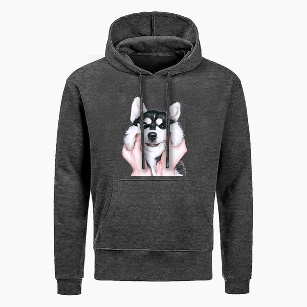 

funny men's cute pug design dog siberian husky printed hoodie men autumn hip hop sportswear winter harajuku streetwear, Black