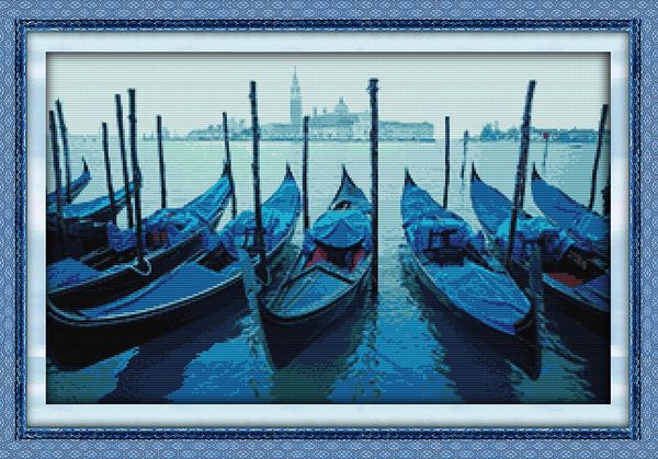 Veneza barcos à beira-mar cenário home decor pintura, Handmade Cross Stitch bordado Needlework define contados impressão sobre tela DMC 14CT / 11CT