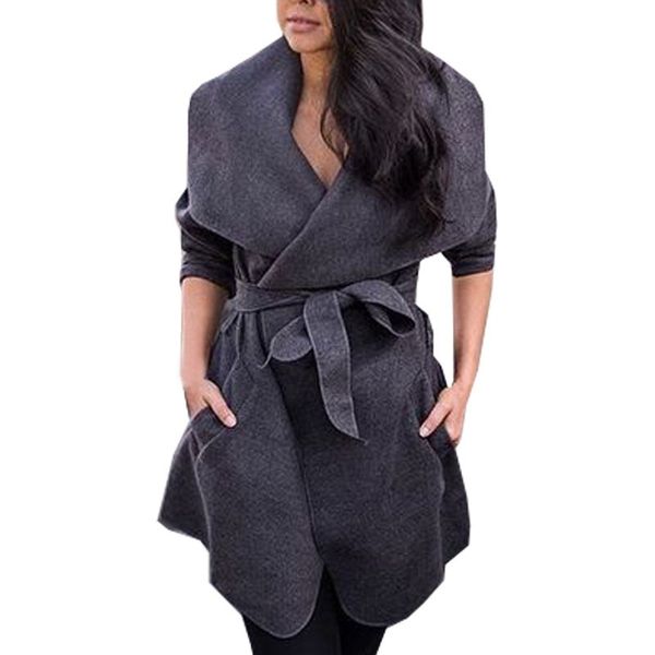 

women autumn winter woolen solid color coat slim high waist belt long sleeved wild casual long w1, Tan;black