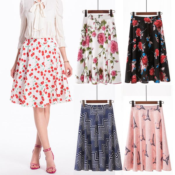 

fashion women spring summer tulle skirt falda mujer  xl elegant geometric print midi skirts high waist umbrella casual skirts, Black