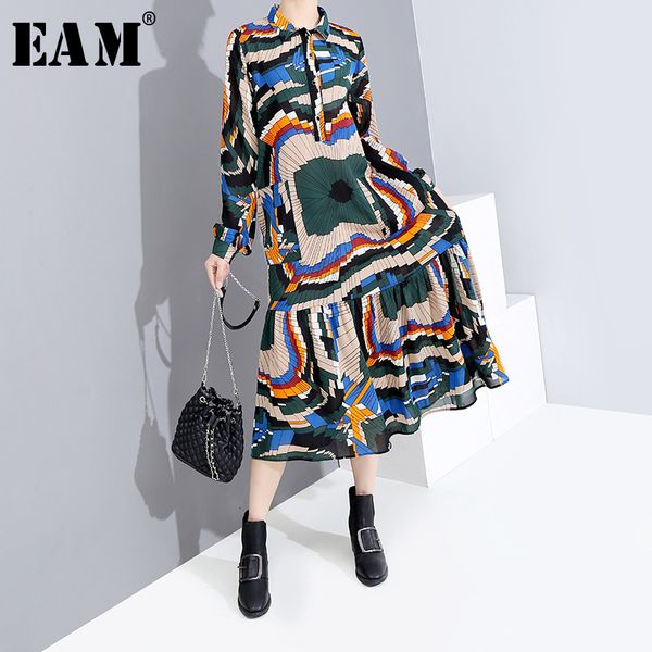 

eam] women pattern printed temperament shirt dress new lapel long sleeve loose fit fashion tide spring autumn 2020 1h305, Black;gray