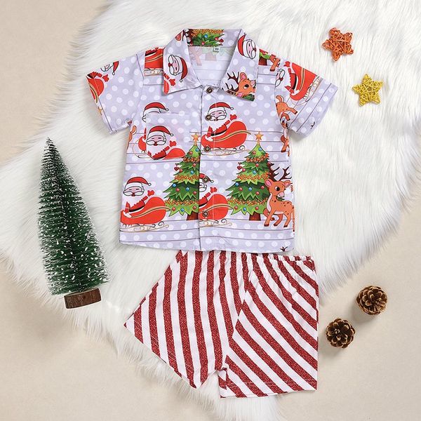 

baby boys children's set two piece short sleeved shorts boys santa claus printed shirt striped pants, White