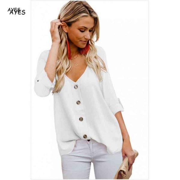 

casual lady shirts button up women long sleeve solid clothes summer spring loose blouse v neck daily femmes shirt blouses, White