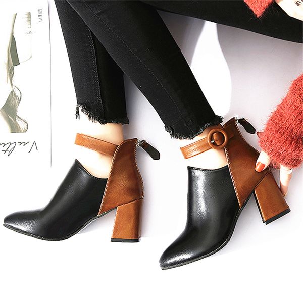 

women pointed toe ankle boots leather chunky heel martin boots female punk boots casual fashion shoes xw61, Black