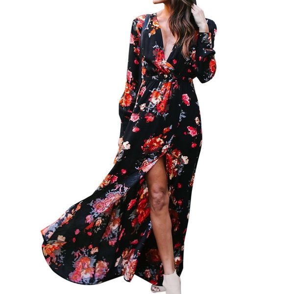 

plus size dresses designer dress plus size 3xl chiffon tunic dress women summer long sleeve boho beach party dress floral print maxi, Black;gray