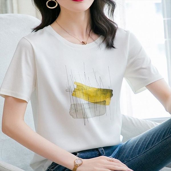 

short-sleeved and silk t-shirt female 2020 cotton loose slim positioning printing mulberry silk top, White