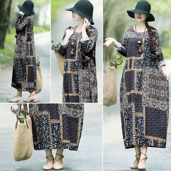 

women cotton linen dress vintage floral print o neck long sleeve boho loose long maxi dress vestidos g12735db-l, Black;gray