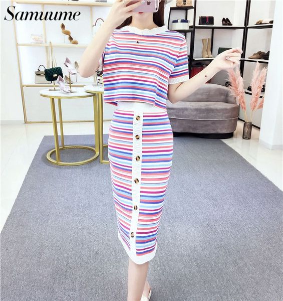 

samuume 2019 women sheath short sleeve crop and skirt sets summer colorful striped 2 pieces set knitted suits female 435, White