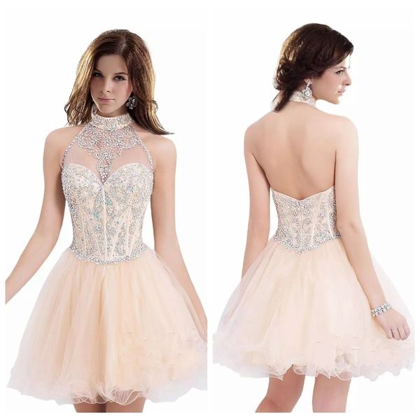 

halter beaded 2019 a-line homecoming dresses knee length tulle vestidos de soiree custom sleeveless backless junior graduation party gowns, Blue;pink