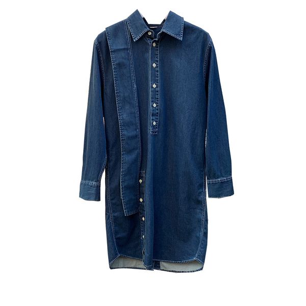 

women dress front and rear buttons blue long sleeve denim dress, Black;gray