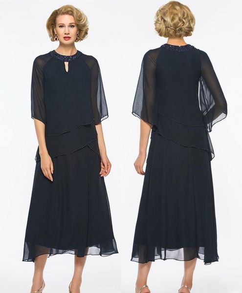 

dark navy chiffon mother of the bride dresses beaded tea length formal evening gowns wedding guest mother dresses pd4032, Black;red