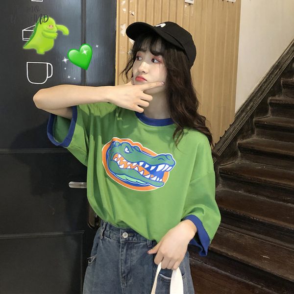 

fashion summer t shirt women clothing 2020 korean style ulzzang harajuku short sleeve t shirt female animal casual green tshirt top, White