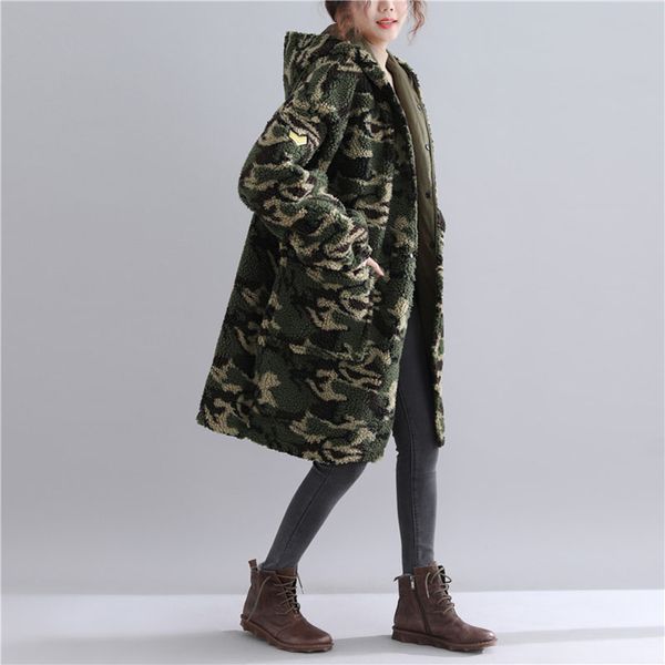 

qpfjqd spring winter thicken warm camouflage casual parkas long women 2020 new loose female korean fashion hooded coats camo, Black