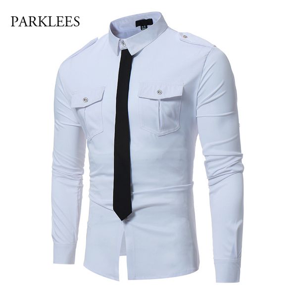 

mens fake tie designed dress shirts 2018 brand hit color slim fit long sleeve shirt men business social chemise homme work shirt, White;black