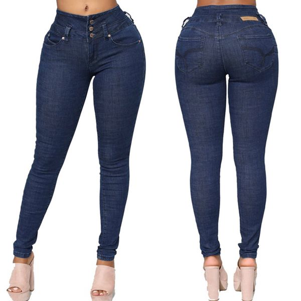 

women fashion jeans high waist skinny pencil denim pants elastic stretch slim high street wear button stretchy jeans woman, Blue