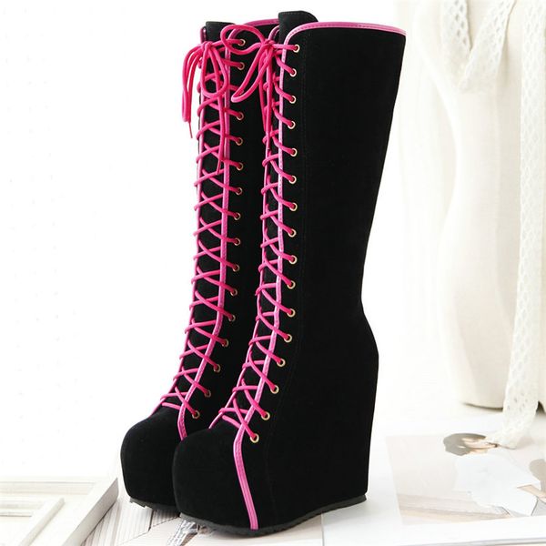 

black women lace up strappy faux suede wedges super high heel knee high boots round toe platform long winter pumps shoes