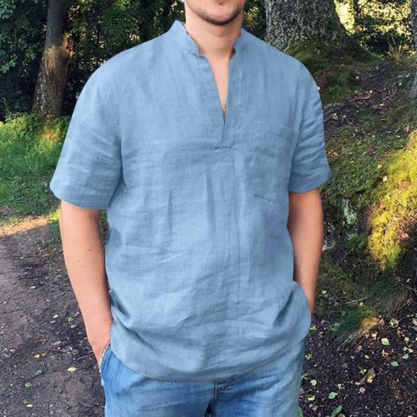 

summer men's shirts blouses hawaiian short sleeve cotton linen shirts solid pocket v-neck shirt men dress camisa masculina, White;black