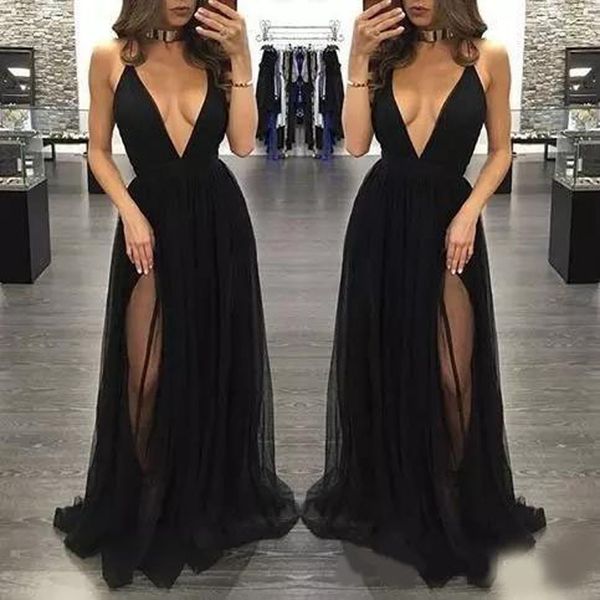 

deep v-neck black super evening dress fashion side split thin straps criss-cross backless prom gown party dress, Black;red