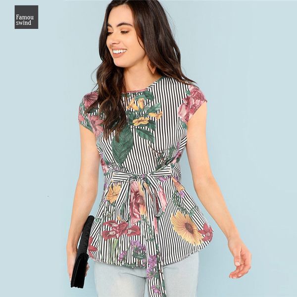 

cap sleeve belted floral blouse ol striped office ladies women work 2019 casual womens summer blouses, White