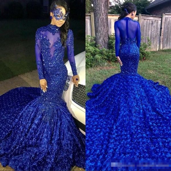 

Luxury long tail royal blue 2019 black girl mermaid prom dre e high neck long leeve beaded handmade flower evening party gown bc0749
