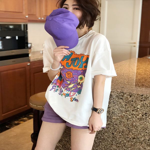 

brahman li si western style purple printed ins short-sleeved t-shirt women's loose medium and long large-size t-shirt 2020 summer cloth, White