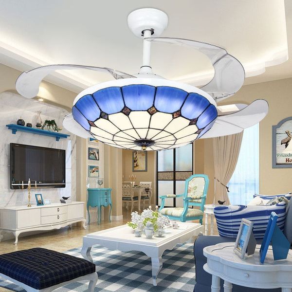 36w Tiffany Ceiling Fan Lamp Blue Multi Color Glass Shade Pendant Light Remote Control Tiffany Hanging Light Fixture Foam Pack Pendant Light Fittings