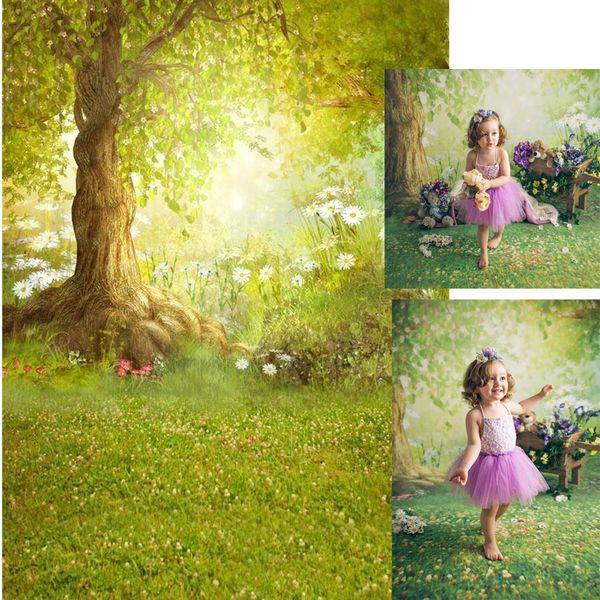 Frohe Ostern Frühling Hintergrund Fotografie gedruckt weiße Blumen großer Baum grüne Wiese Märchen Wald Baby-Dusche-Hintergrund
