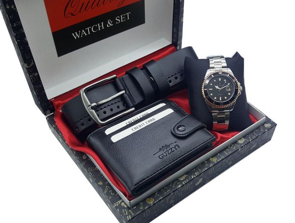 

denacci with date watch belt wallet set with box, Slivery;brown