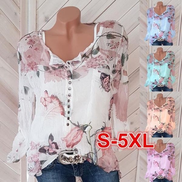 

women's blouses & shirts blouse women summer 2021 style long-sleeved v-neck printed shirt button chiffon blusa feminina vestidos yff622, White