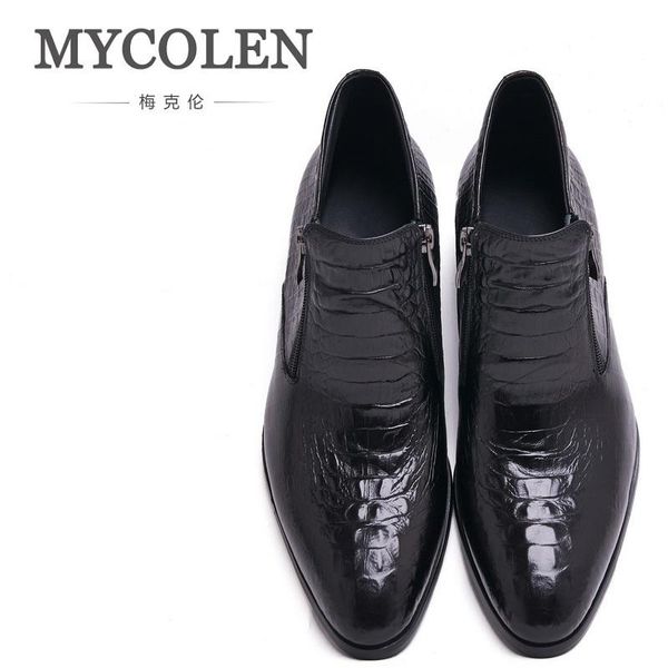 

mycolen boots pointed toe slip-on ankle boots hombre genuine leather man motorcycle boots crocodile pattern high men, Black