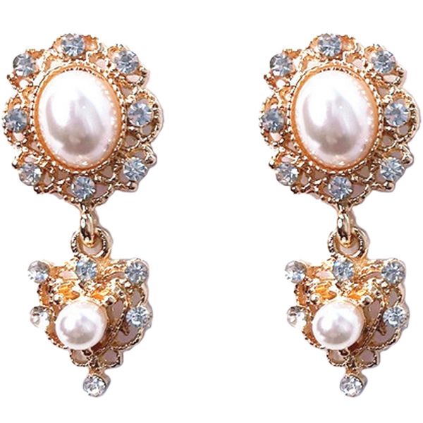 

vintage metal flower heart-shaped imitation pearl pendant earrings ladies fashion party temperament, Silver
