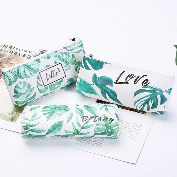 

green leaves kawaii school pencil cases back to school stationery pencil bag creative student pouch with english letter
