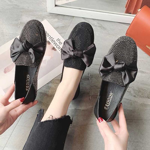 

all-match shoes woman flats slip-on 2020 fashion women's square toe shallow mouth casual female sneakers soft bow-knot dress, Black