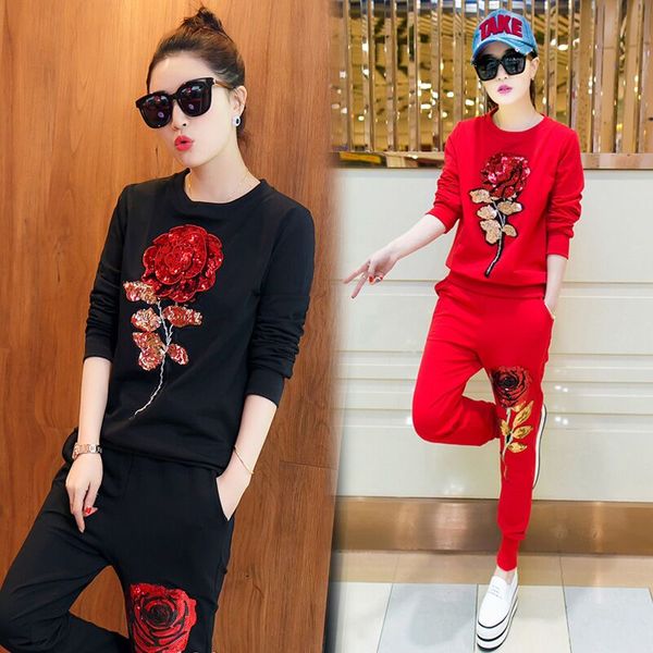 

2016 new spring leisure retro suit female rose flower sequin casual female suit 2 piece set women flowers sequin tracksuits, White;black