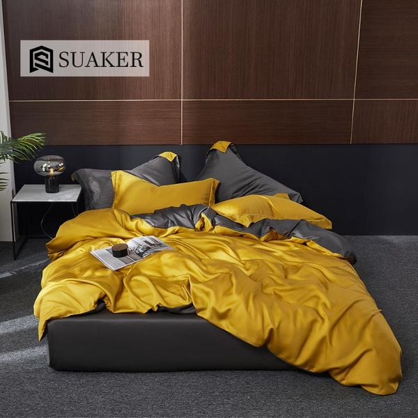 

suaker luxury yellow gray 100% silk bedding set grade silk beauty quilt cover  king flat sheet fitted sheet pillowcase