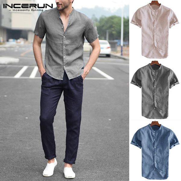 

2020 fashion short sleeve men shirt stand collar streetwear solid color blouse camisa masculina men casual brand shirts incerun, White;black