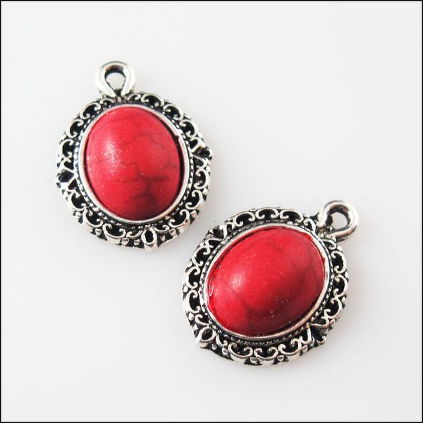 

8шт ретро тибетский серебряный красный овальные подвески подвеска 13.5x18mm, Silver