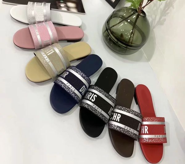 

2019 letter women sandals with correct flower box dust bag designer slide summer fashion wide flat slippers size 35-40 with box dr03, Black