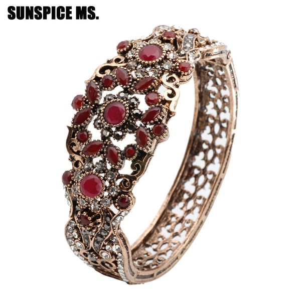 

new turkish vintage bangle cuff for women antique gold color rhinestone hollow flower bracelet bangle retro wedding jewelry 2018, Black