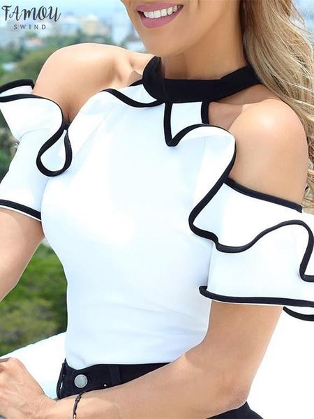 

2020 summer women elegant leisure casual ladies stylish chiffon shirt contrast binding ruffles cold shoulder blouse, White