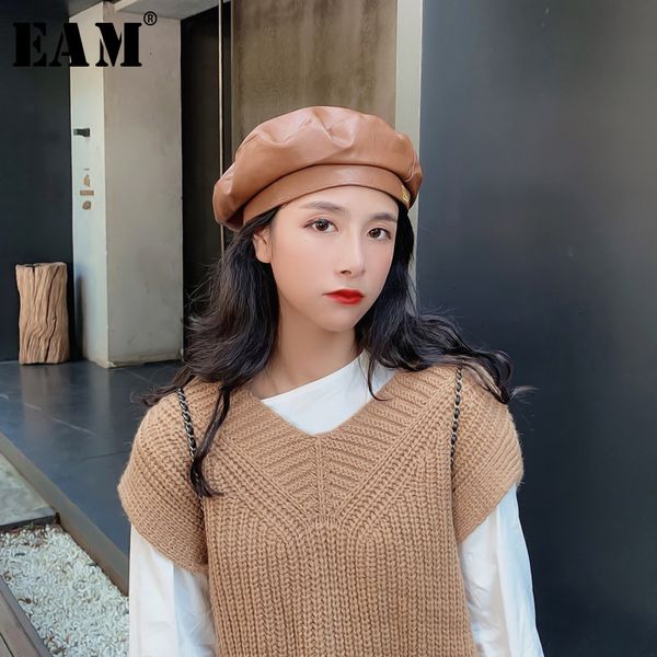 

eam] women pu leather camel vintage fishermen hat new round dome temperament fashion tide all-match spring autumn 2019 1h276